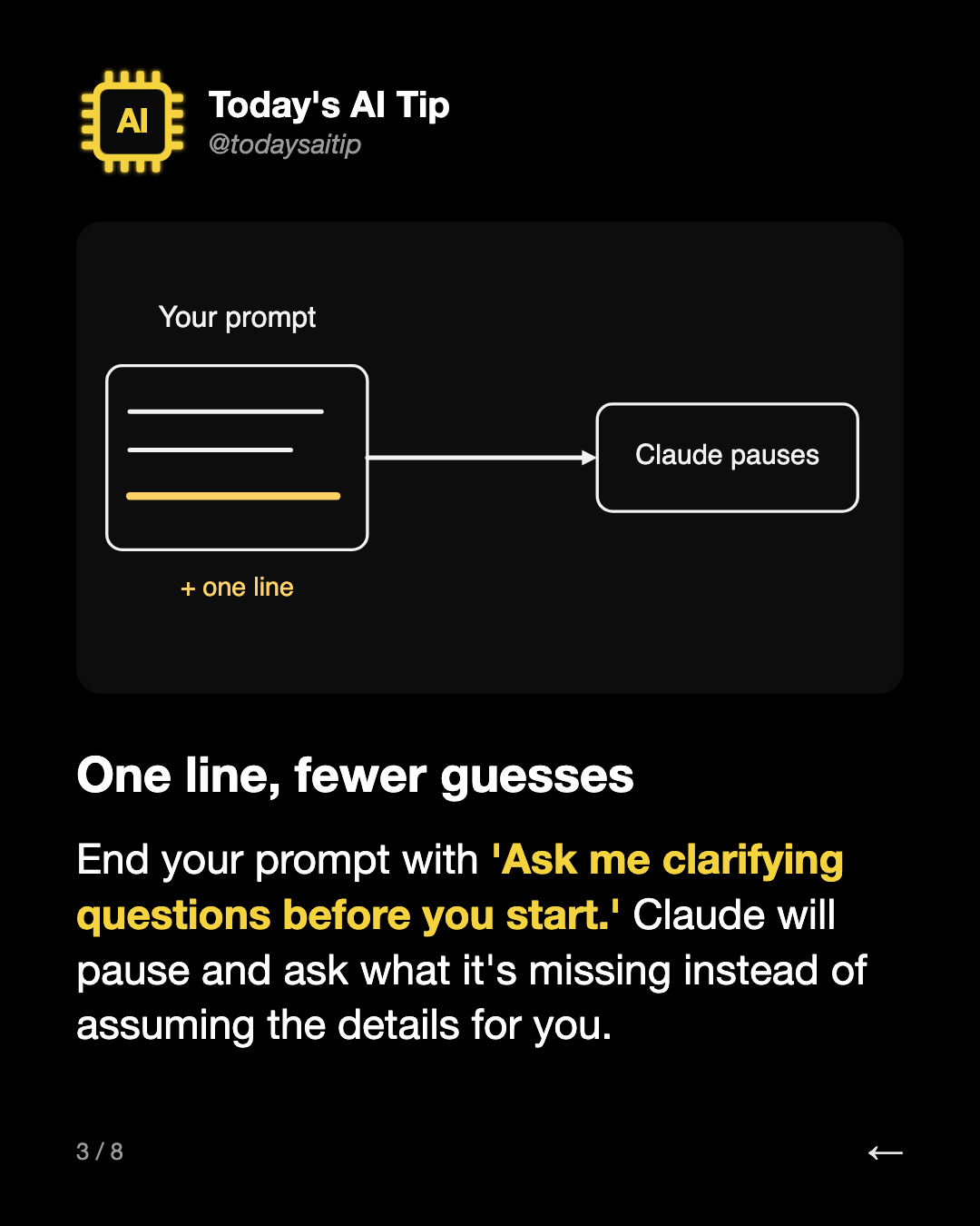 One line, fewer guesses. End your prompt with 'Ask me clarifying questions before you start.' Claude will pause and ask what it's missing instead of assuming the details for you.