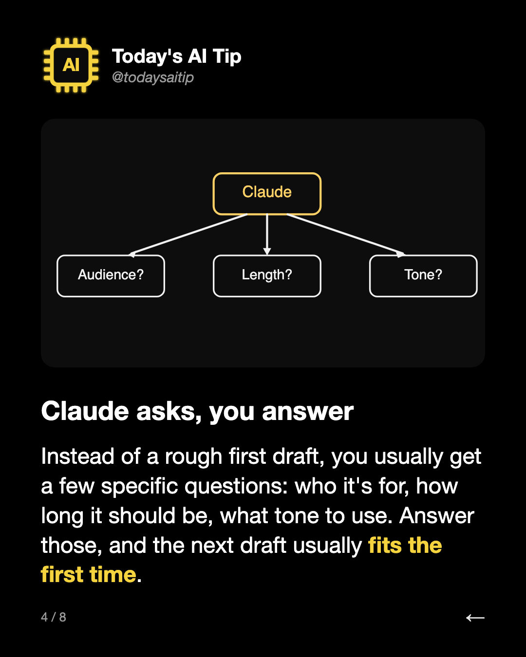 Claude asks, you answer. Instead of a rough first draft, you usually get a few specific questions: who it's for, how long it should be, what tone to use. Answer those, and the next draft usually fits the first time.