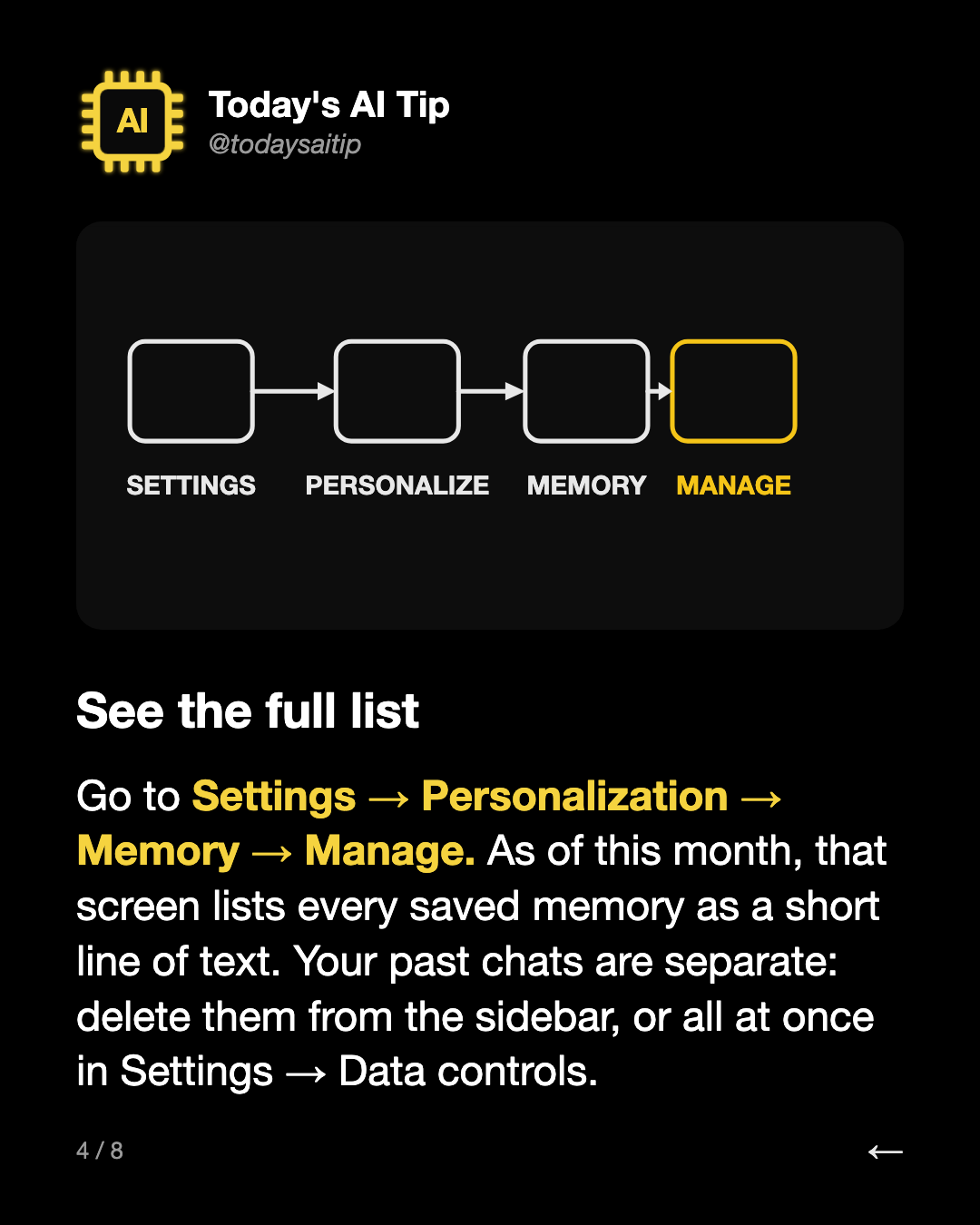 See the full list. Go to Settings → Personalization → Memory → Manage. As of this month, that screen lists every saved memory as a short line of text. Your past chats are separate: delete them from the sidebar, or all at once in Settings → Data controls.