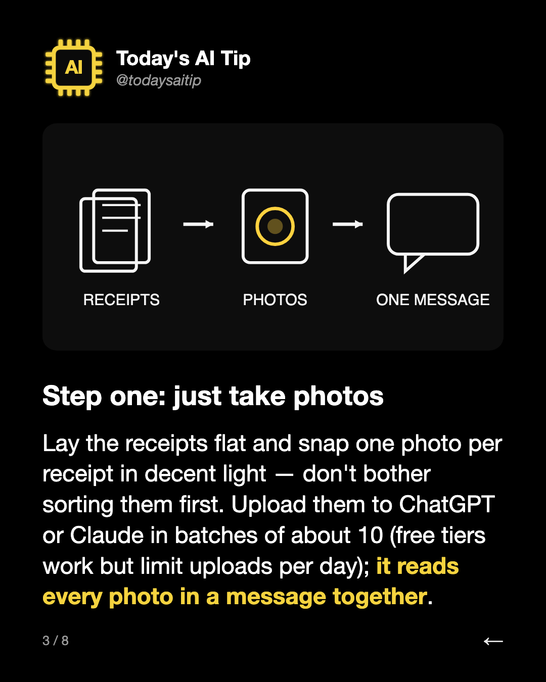 Step one: just take photos. Lay the receipts flat and snap one photo per receipt in decent light — don't bother sorting them first. Upload them to ChatGPT or Claude in batches of about 10 (free tiers work but limit uploads per day); it reads every photo in a message together.