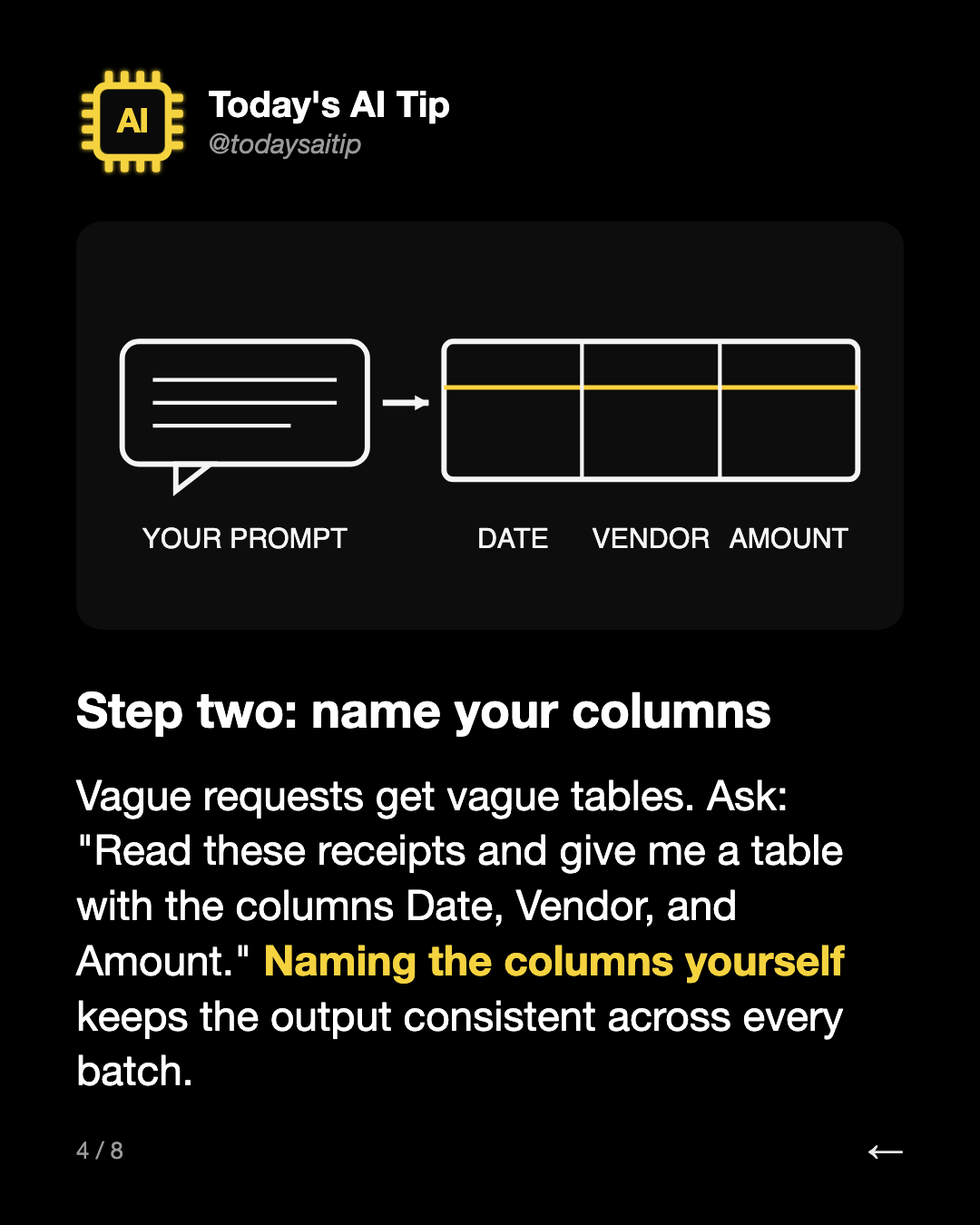 Step two: name your columns. Vague requests get vague tables. Ask: "Read these receipts and give me a table with the columns Date, Vendor, and Amount." Naming the columns yourself keeps the output consistent across every batch.