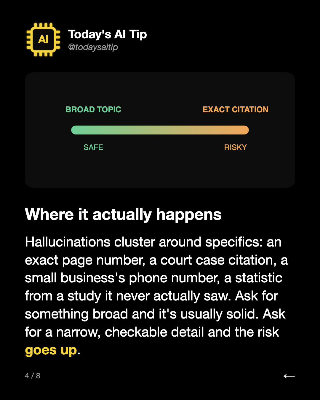 Where it actually happens. Hallucinations cluster around specifics: an exact page number, a court case citation, a small business's phone number, a statistic from a study it never actually saw. Ask for something broad and it's usually solid. Ask for a narrow, checkable detail and the risk goes up.