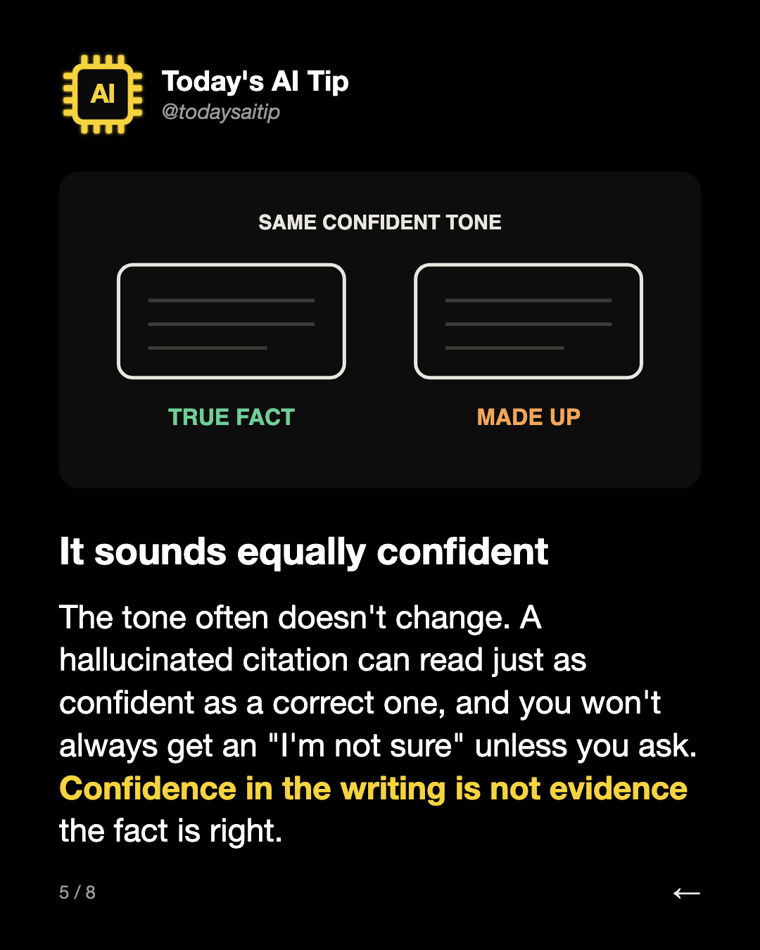 It sounds equally confident. The tone often doesn't change. A hallucinated citation can read just as confident as a correct one, and you won't always get an "I'm not sure" unless you ask. Confidence in the writing is not evidence the fact is right.
