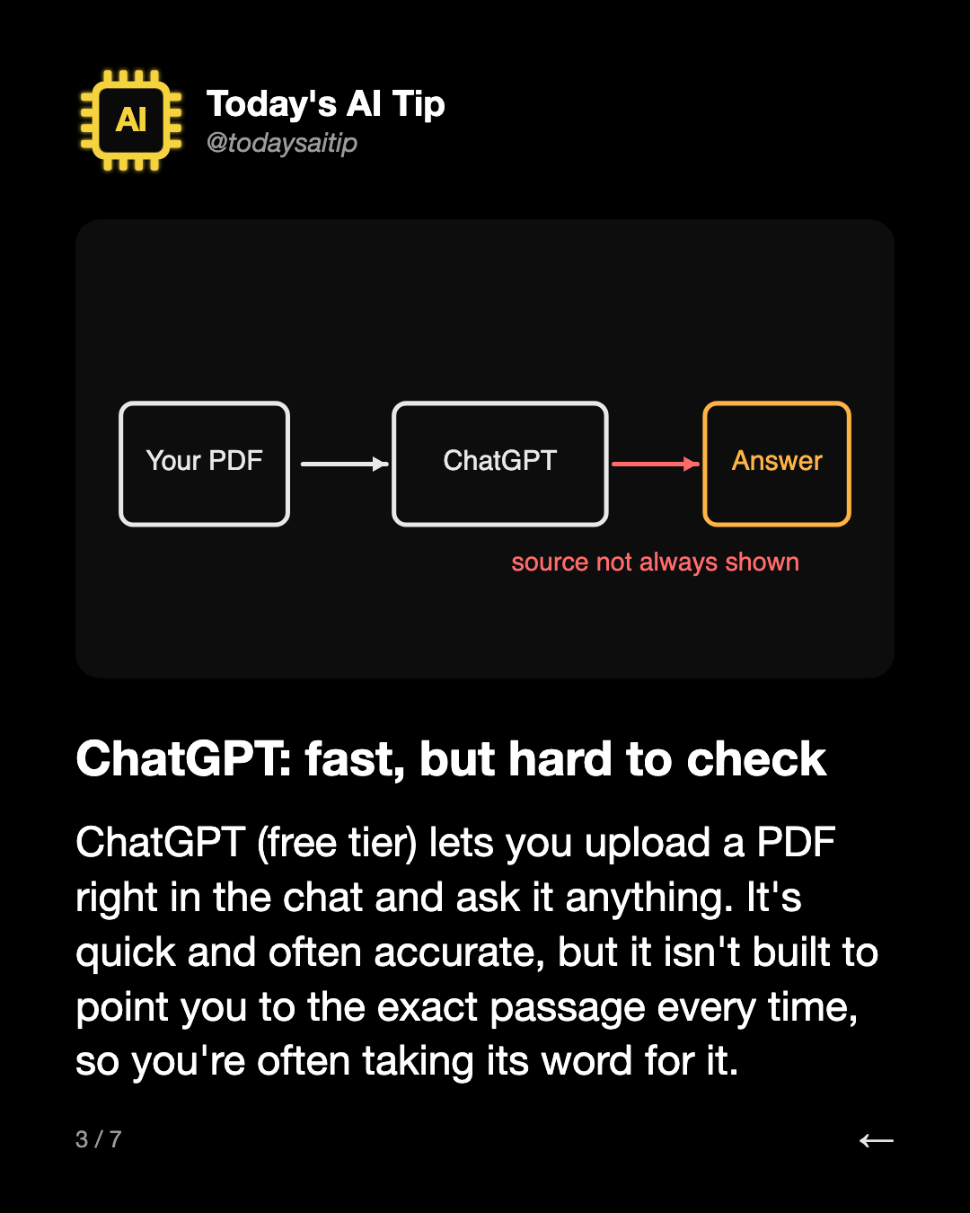 ChatGPT: fast, but hard to check. ChatGPT (free tier) lets you upload a PDF right in the chat and ask it anything. It's quick and often accurate, but it isn't built to point you to the exact passage every time, so you're often taking its word for it.