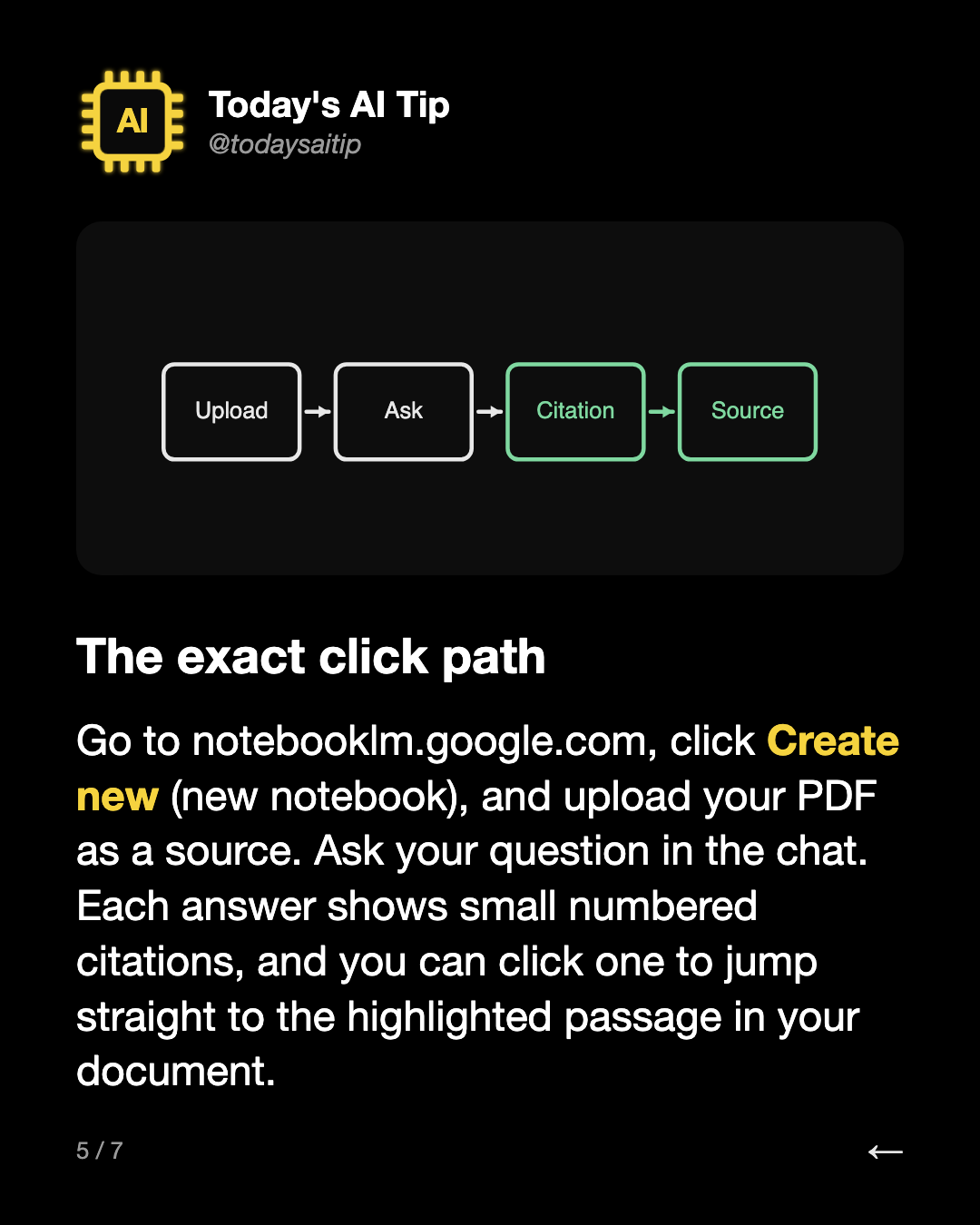 The exact click path. Go to notebooklm.google.com, click Create new (new notebook), and upload your PDF as a source. Ask your question in the chat. Each answer shows small numbered citations, and you can click one to jump straight to the highlighted passage in your document.