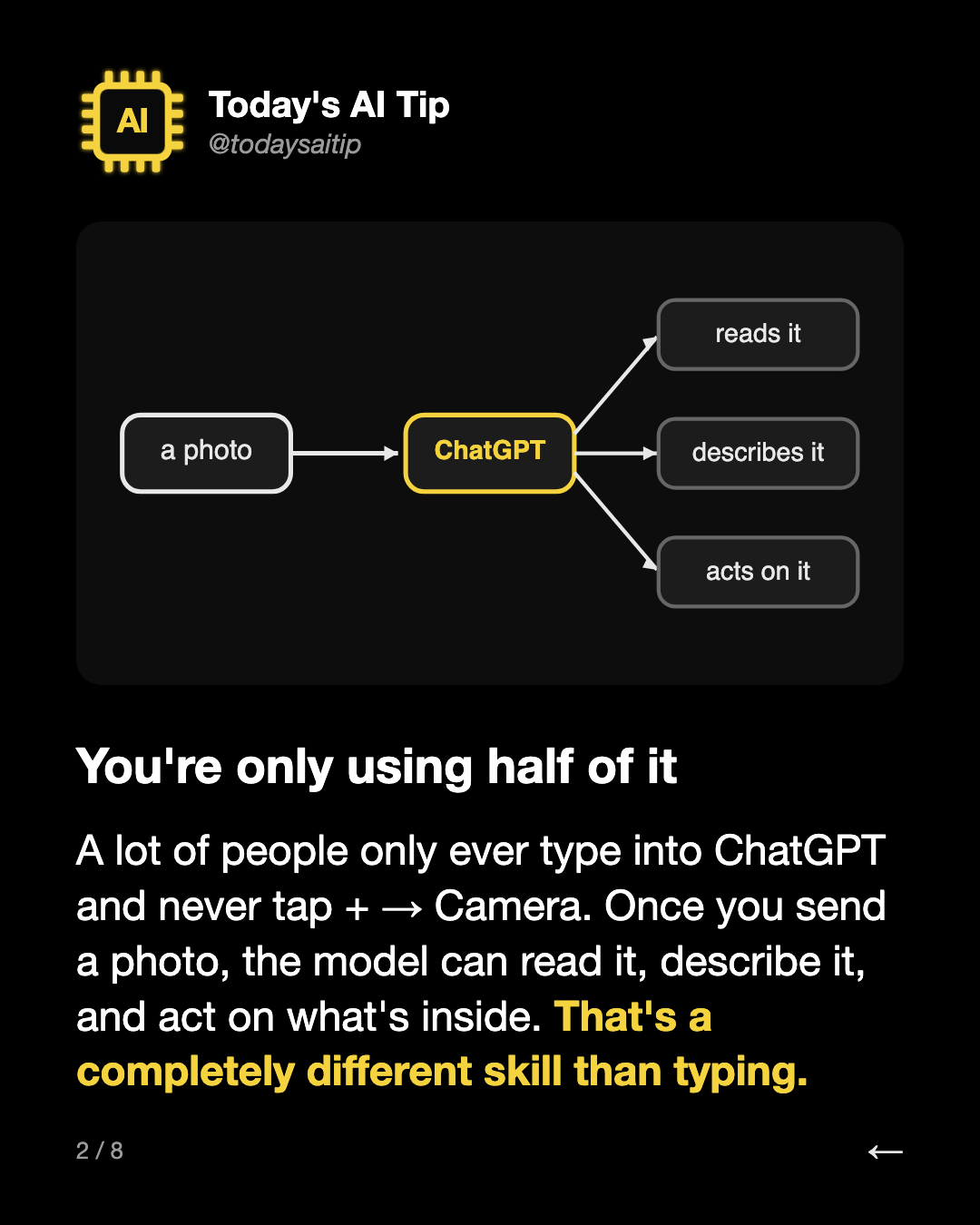 You're only using half of it. A lot of people only ever type into ChatGPT and never tap + → Camera. Once you send a photo, the model can read it, describe it, and act on what's inside. That's a completely different skill than typing.