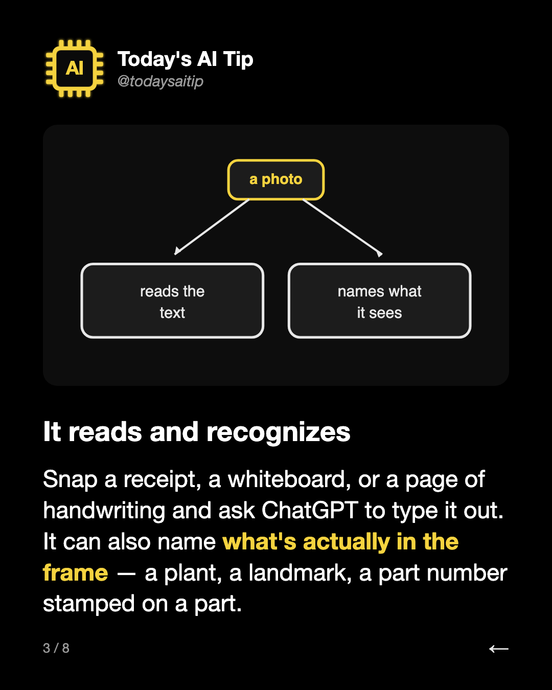 It reads and recognizes. Snap a receipt, a whiteboard, or a page of handwriting and ask ChatGPT to type it out. It can also name what's actually in the frame — a plant, a landmark, a part number stamped on a part.
