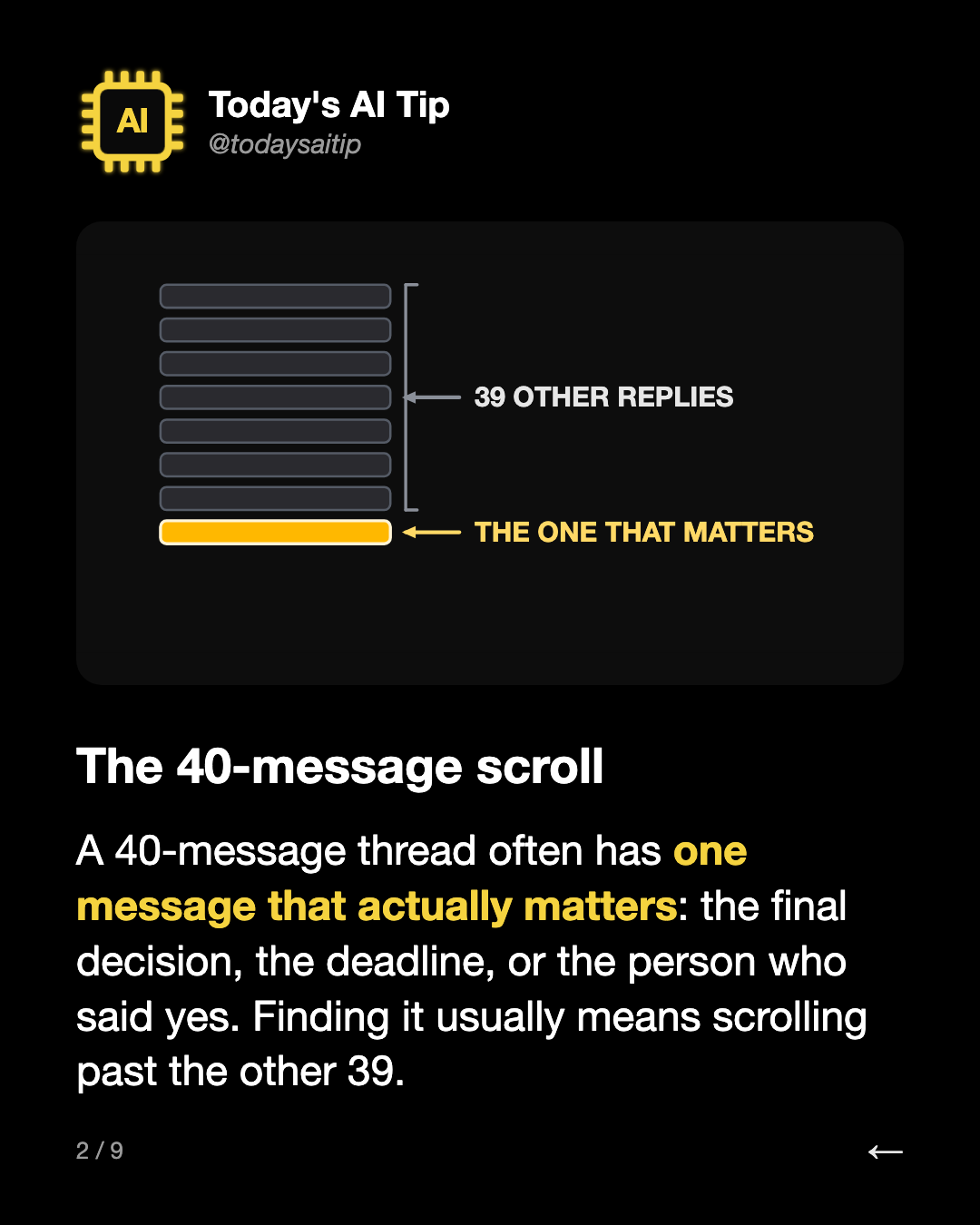 The 40-message scroll. A 40-message thread often has one message that actually matters: the final decision, the deadline, or the person who said yes. Finding it usually means scrolling past the other 39.