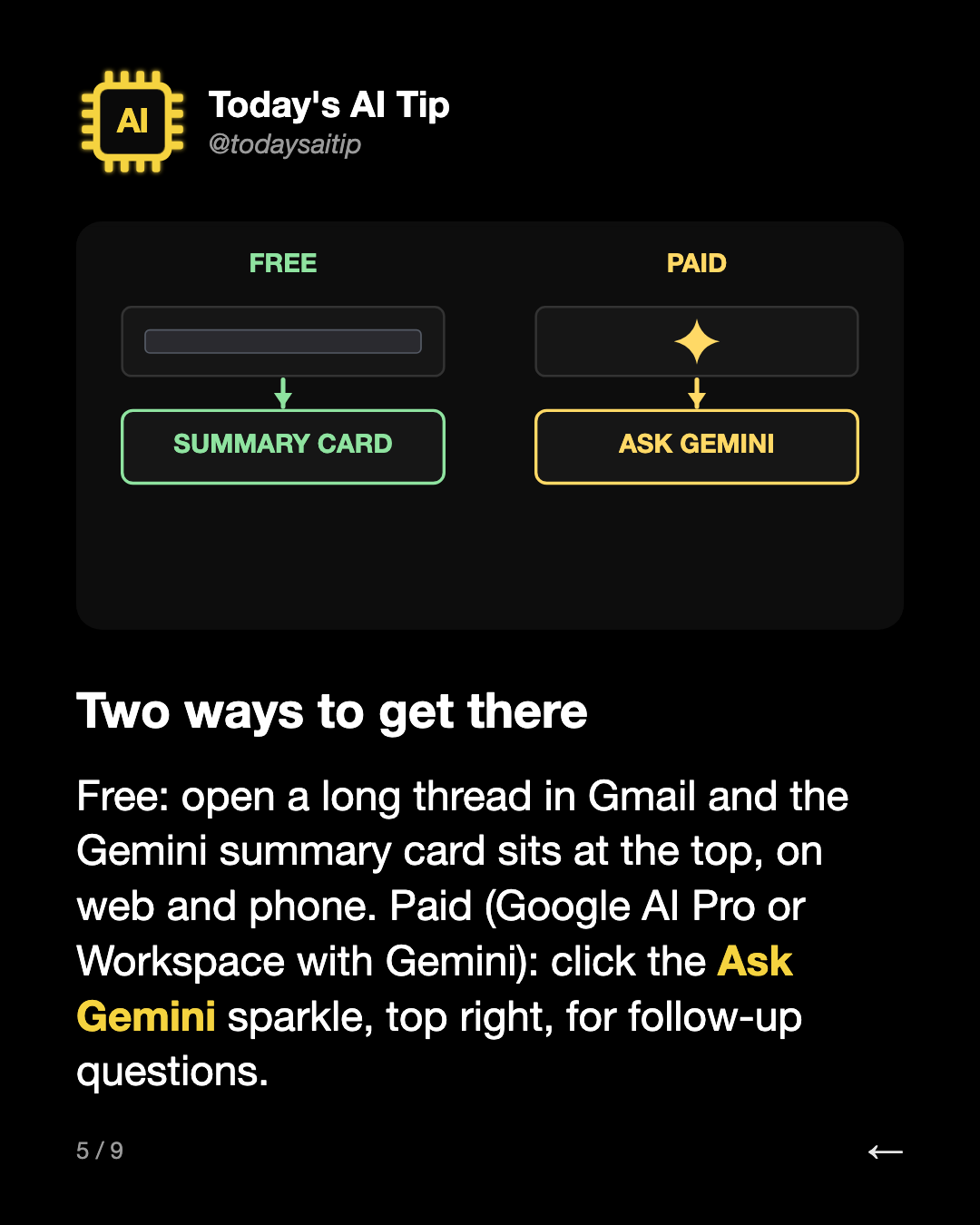 Two ways to get there. Free: open a long thread in Gmail and the Gemini summary card sits at the top, on web and phone. Paid (Google AI Pro or Workspace with Gemini): click the Ask Gemini sparkle, top right, for follow-up questions.